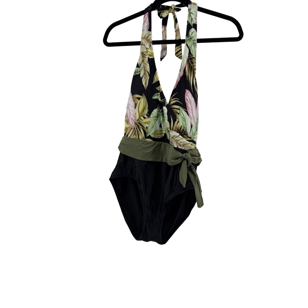 Lands' End Women's M Black Green Pink Gold Tropical Leaf Halter One Piece